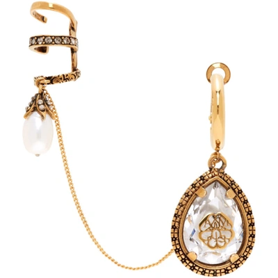 Alexander Mcqueen Gold Charm Seal Droplet Earcuff & Earring In Antique Gold