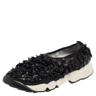 Pre-owned Dior Leather Flower Embellished Fusion Sneakers Size 37.5 In Black