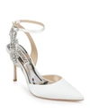 BADGLEY MISCHKA BLANCA SATIN CRYSTAL ANKLE-STRAP HIGH-HEEL PUMPS,PROD242530078