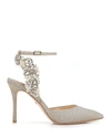Badgley Mischka Blanca Satin Crystal Ankle-strap High-heel Pumps In Platino