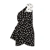 Saint Laurent Bow-embellished One-shoulder Draped Polka-dot Crepe Mini Dress In Black And White
