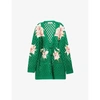 Valentino Green Floral-embroidered Open-knit Cardigan In Multicolor Green