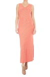 Nina Leonard V-neck Stripe Maxi Dress In Bright Coral/ White