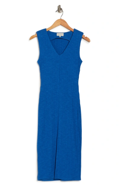 Melloday Padded Shoulder Rib Knit Dress In Blue