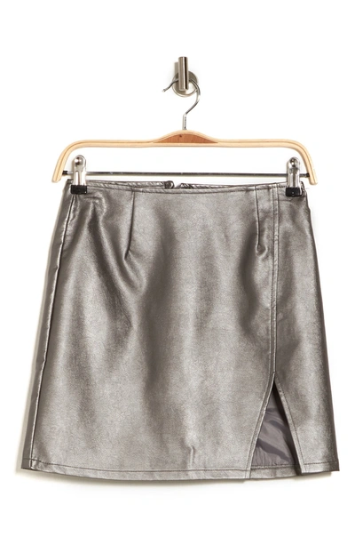 Just One Metallic Faux Leather Mini Skirt In Pewter