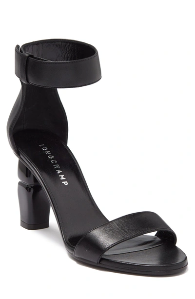 Longchamp Leather Ankle Strap Block Heel Sandal In Black