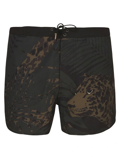 Saint Laurent Tiger Print Swim Shorts In Black/green/brown