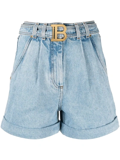 Balmain Logo Belted High-rise Denim Shorts In Light Wash Denim