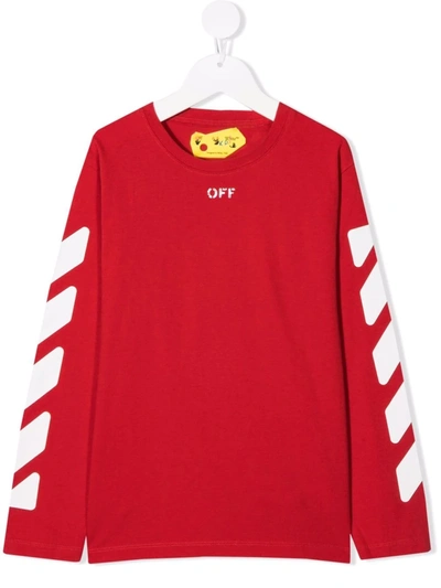 Off-white Kids' 徽标印花长袖t恤 In Red