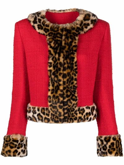 Moschino Leopard Print-applique Bouclè-tweed Jacket In Red