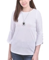 Ny Collection Women's 3/4 Tulip Sleeve Blouse With Necklace In White