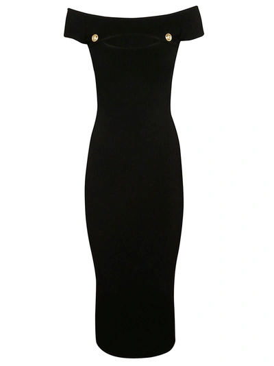 Balmain Off-the-shoulder Ribbed Knit Midi Dress In Black