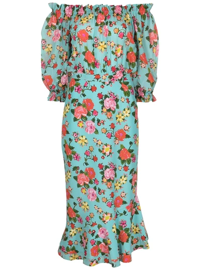 Saloni Grace Off-the-shoulder Floral-print Silk Crepe De Chine Midi Dress In Multicolor