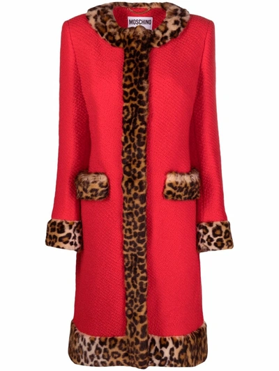 Moschino Leopard-print Trim Single-breasted Coat In Red