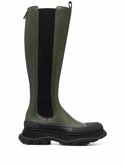Alexander Mcqueen 40mm Tread Slick Leather Tall Boots In Green