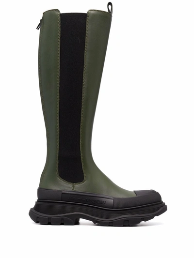 Alexander Mcqueen 40mm Tread Slick Leather Tall Boots In Khaki