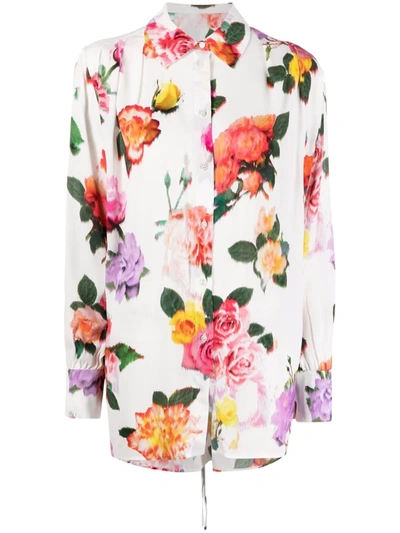 Msgm Floral-print Long-sleeved Shirt In White