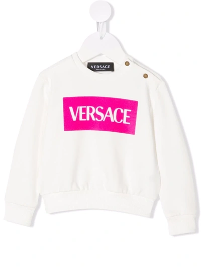 Versace Babies' Flocked Logo Stretch Cotton Sweatshirt In White Fuxia