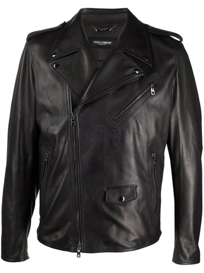 Dolce & Gabbana Multi-pocket Leather Biker Jacket In Schwarz