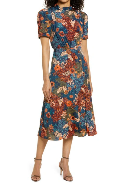 Julia Jordan Floral Puff Sleeve A-line Midi Dress In Navy Multi