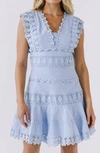 Endless Rose Plunge Neck Tiered Lace Linen & Cotton Dress In Powder Blue