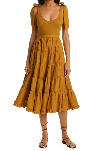 Ulla Johnson Hope Sleeveless Tiered Midi Dress In Tapenade