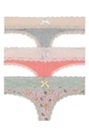 Honeydew Intimates 3-pack Lace Thong In Heather Grey/ Coral/ Floral