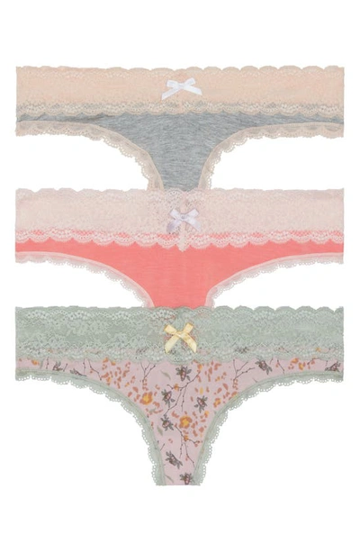 Honeydew Intimates 3-pack Lace Thong In Heather Grey/ Coral/ Floral