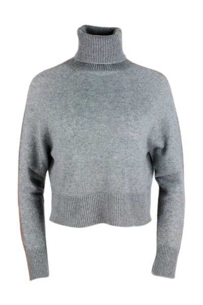 Lorena Antoniazzi Turtleneck Cashmere Sweater With Fine Band In Contrasting Color. In Grey