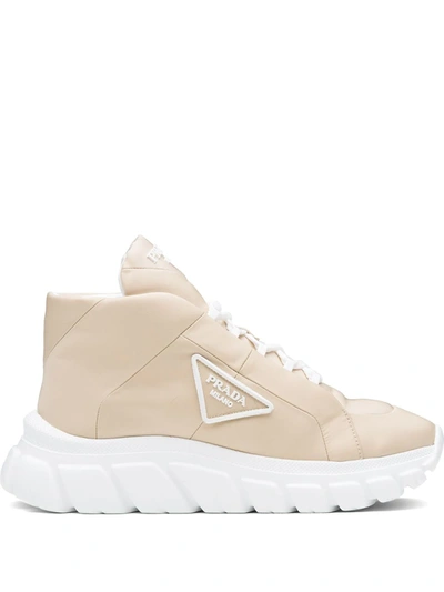 Prada Logo Plaque Lace-up Sneakers In Neutrals