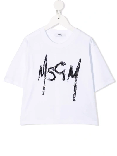 Msgm Kids' Sequin-logo T-shirt In White