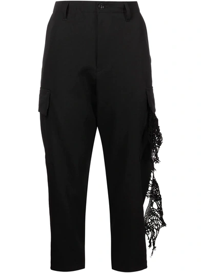Y's Lace-trim Cropped Leg Trousers In Black