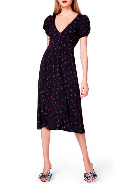 Betsey Johnson Cherry Print Puff Sleeve Midi Dress In Black | ModeSens