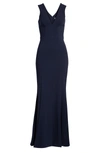 Dress The Population Sandra Plunge Crepe Trumpet Gown In Midnight Blue