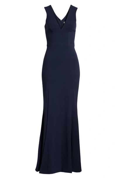Dress The Population Sandra Plunge Crepe Trumpet Gown In Midnight Blue