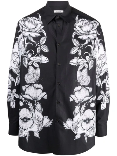 Valentino Floral-print Cotton Shirt In Black