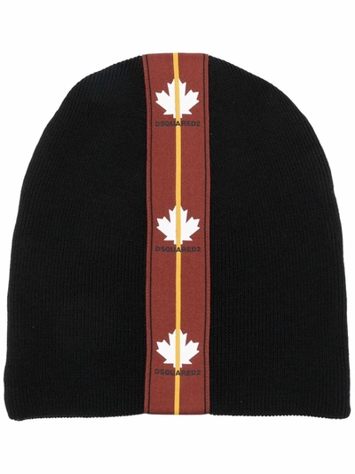 Dsquared2 Beanie Hat With Band And Maple Leaves In Black