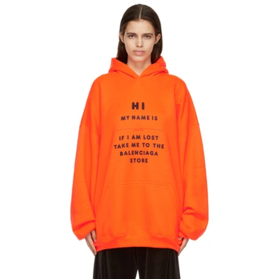 Balenciaga Unisex Orange Wide Fit Hi My Name Is Hoodie In Fluo Orange/black