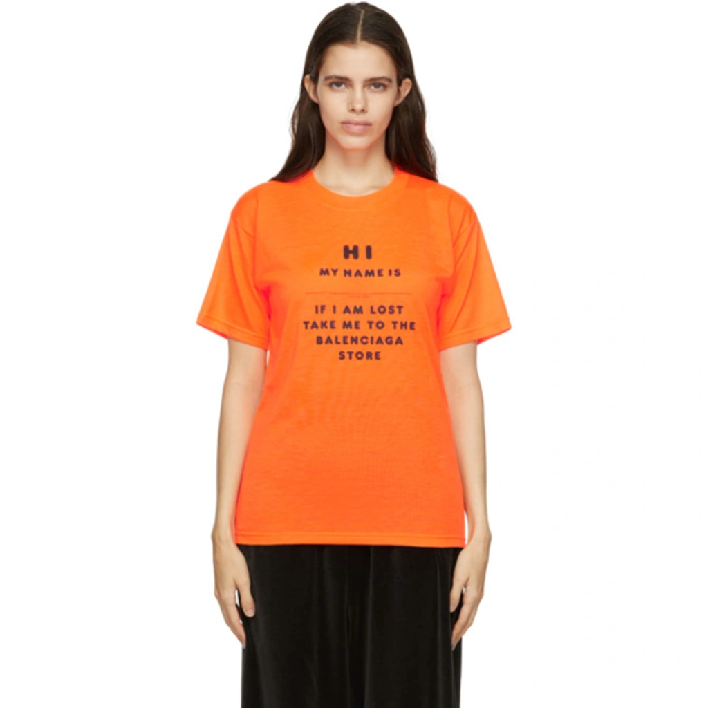 Balenciaga Hi My Name Is Printed Jersey T-shirt In Orange | ModeSens