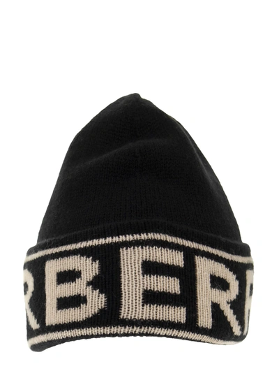 Burberry Logo嵌花羊绒针织便帽 In Black