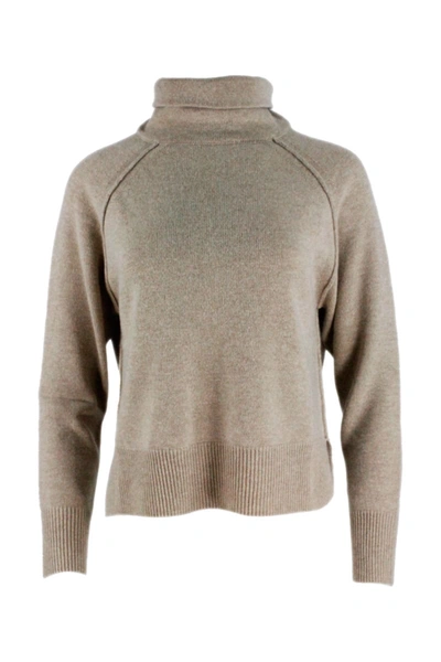 Lorena Antoniazzi Turtleneck Wool And Cashmere Jumper With Greater Length In The Back In Beige