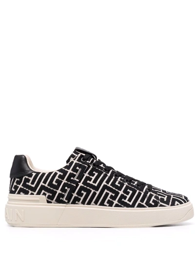 Balmain B-court Leather-trimmed Logo-jacquard Canvas Sneakers In Black