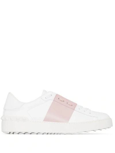 Valentino Garavani And Pink Open Leather Sneakers In White