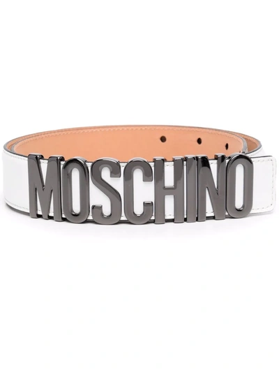 Moschino Men's Logo-buckle Leather Belt In White Black