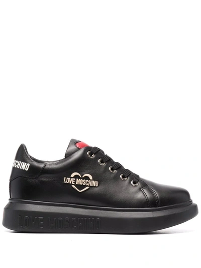 Love Moschino Leather Sneakers With Side Logo Plaque Detail In Schwarz