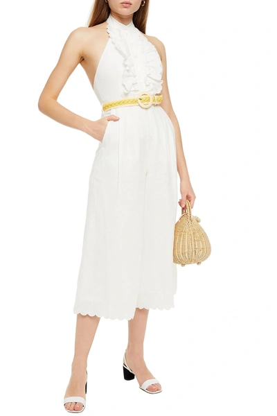 Zimmermann Amelie Frill Cropped Belted Ruffled Linen Jumpsuit In White
