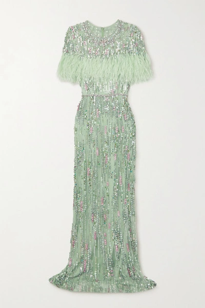 JENNY PACKHAM MARLENE FEATHER-TRIMMED EMBELLISHED TULLE GOWN 