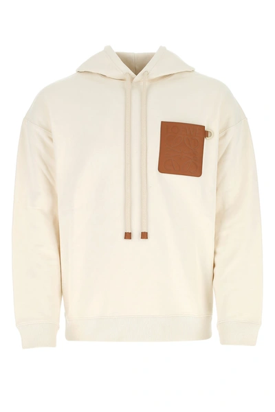 Loewe White Hoodie With Leather Logo Patch In White Ash