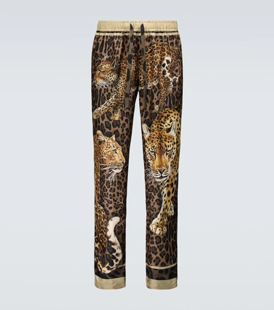 Dolce & Gabbana Silk Pajama Pants With Leopard Print In Multicolor