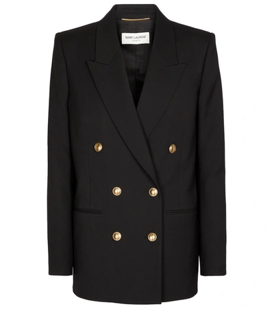 Saint Laurent Double-breasted Satin And Grain De Poudre Wool Blazer In Black